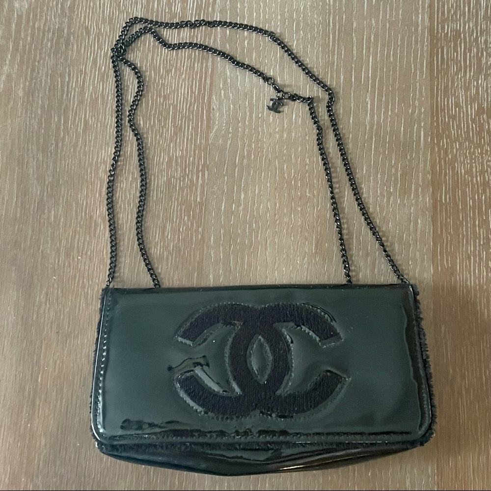 Black patent leather Chanel handbag